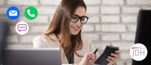 A good accountant is answering her client using different communication methods including phonecalls, text and email
